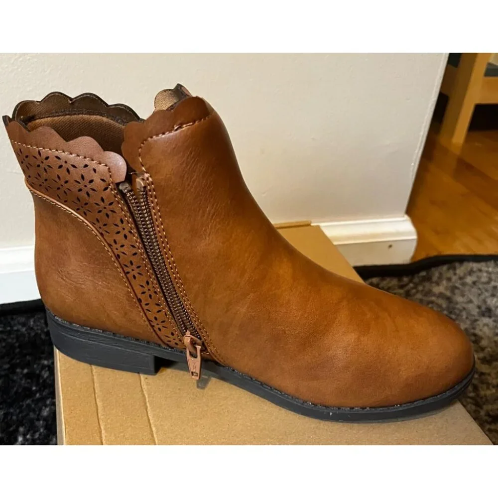 🆕Girls‎ Brown a Polyurethane Ankle Bow Side Zipper Outdoor Warm Low Heel Boot